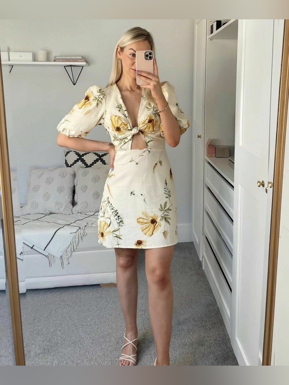 H&M Linen Cotton Floral Tie-Front Puff Sleeve Open Back Mini Dress Small Garden